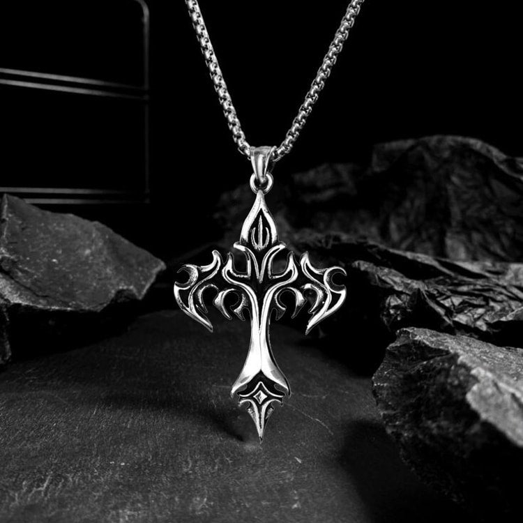 Flame Cross Pendant Necklace Stainless Steel Cross Necklace for Men & Women, Retro Hip Hop Jewelry