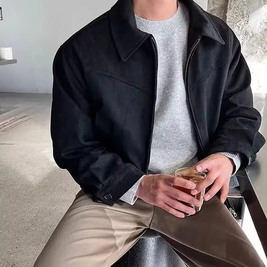 Vintage American Style Leather Jacket for Men, Versatile Brown Coffee Color, Cropped Lapel Design for Autumn and Winter
