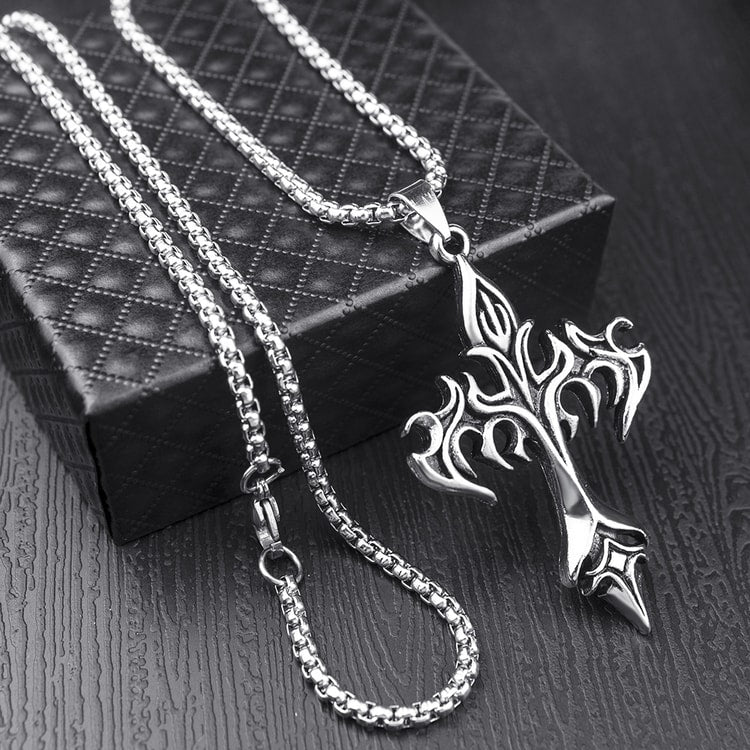 Flame Cross Pendant Necklace Stainless Steel Cross Necklace for Men & Women, Retro Hip Hop Jewelry