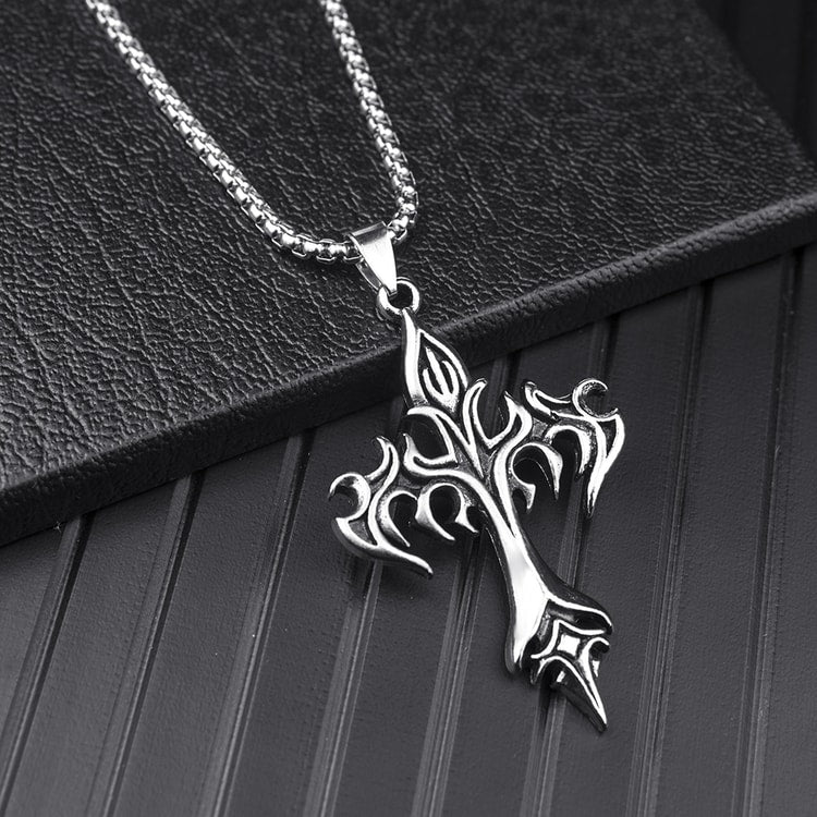 Flame Cross Pendant Necklace Stainless Steel Cross Necklace for Men & Women, Retro Hip Hop Jewelry
