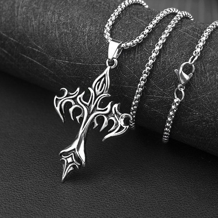 Flame Cross Pendant Necklace Stainless Steel Cross Necklace for Men & Women, Retro Hip Hop Jewelry
