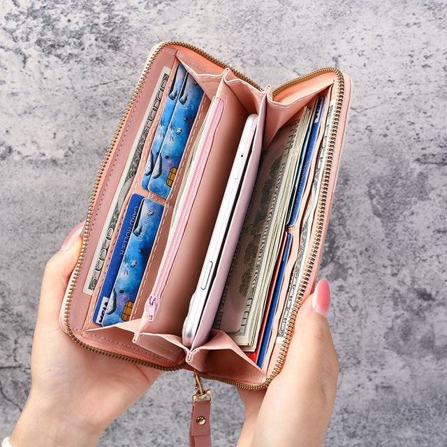 Fashion Zipper Wallets, Womens Long Purses, Handbags Coin Purse Cards Holder Leather Billfold Wallet
