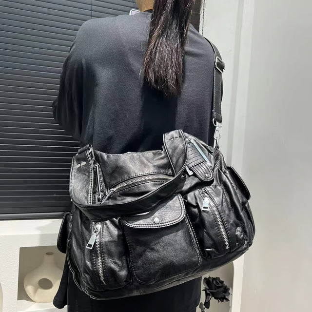 Hot Girl Motorcycle Crossbody Bag, Women's Fashion Shoulder Bag, Old Lychee Pattern Multi-Pocket Style